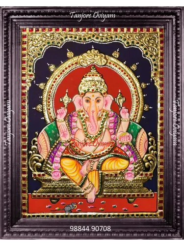 Vinayagar Tanjore painting depicting Lord Ganesha seated with traditional gold foil work and classic Thanjavur painting detailing